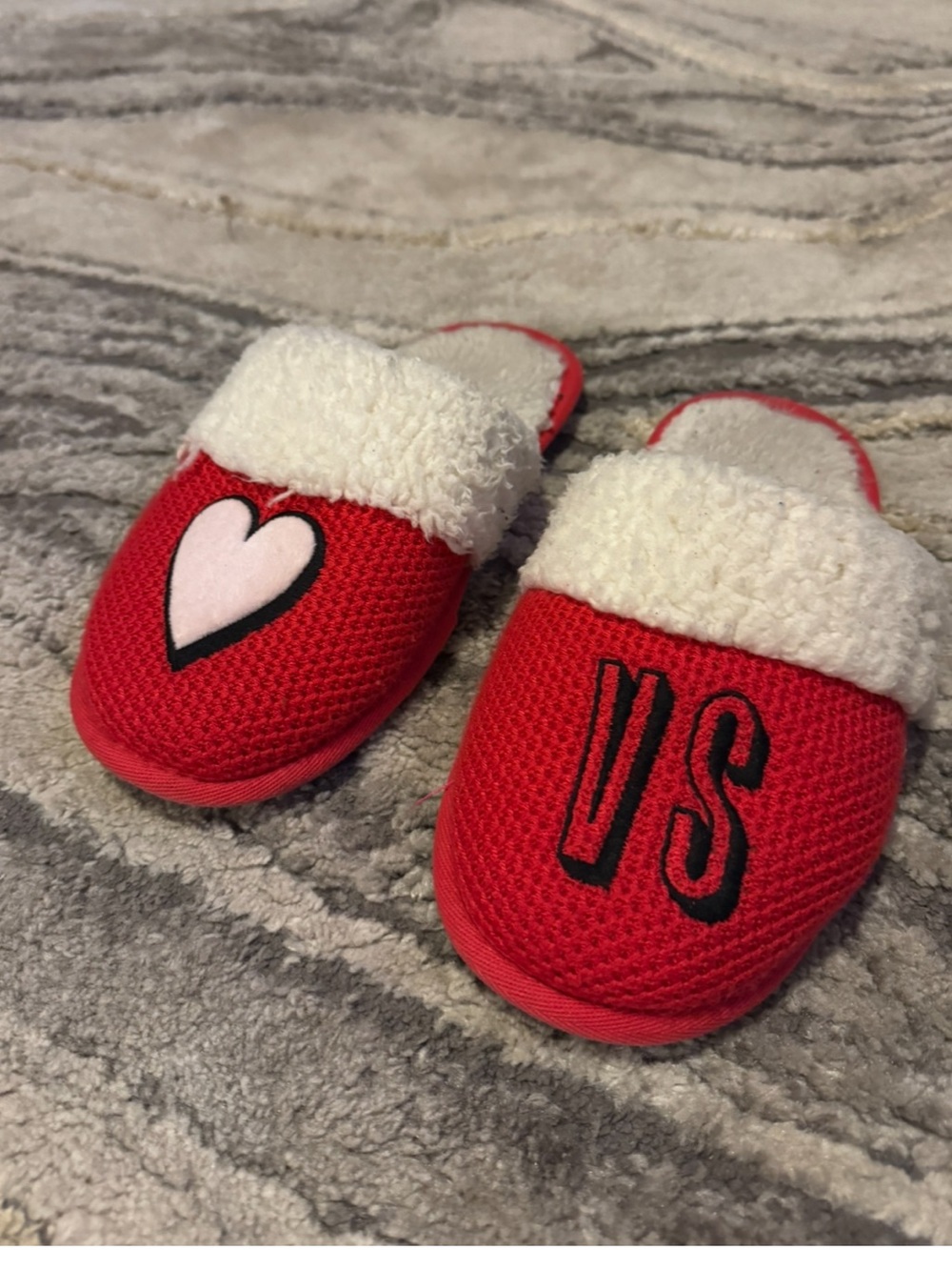 Victoria's Secret Red Slippers with White Heart and 'VS' Embroidery
